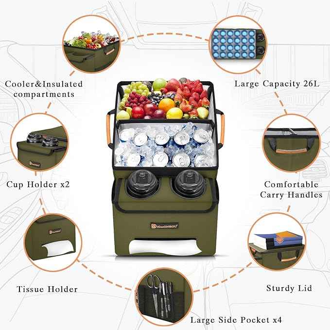 Car Seat Organizer-Car Organizers and Storage with Cooler Compartment, Car Organizer Front Back Seat for Kids, Car Storage Organizer with Lid Cup Holder Tissue Holder for Road Trips (Olive Green)