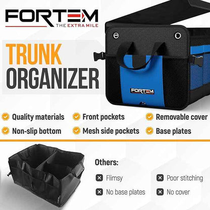 FORTEM Trunk Organizer For SUV Car Organizer and Storage, Collapsible Multi-Compartment Storage Bag Car Accessories for Women Men, 1680D Oxford, Non Slip Bottom, Adjustable Straps, Soft Cover (65L)