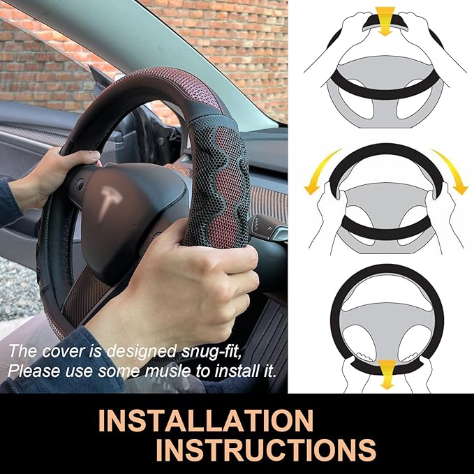 PINCTROT Great Grip Steering Wheel Cover for Tesla Model Y/3 2016-2025 2026 Highland/Juniper, D Shaped 14 Inch Small Sized, Flat Bottom with 3D Honeycomb Anti-Slip Design (Great Grip Wine Red)