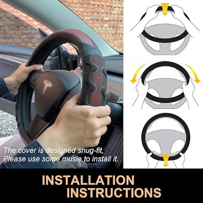 PINCTROT Great Grip Steering Wheel Cover for Tesla Model Y/3 2016-2025 2026 Highland/Juniper, D Shaped 14 Inch Small Sized, Flat Bottom with 3D Honeycomb Anti-Slip Design (Great Grip Wine Red)