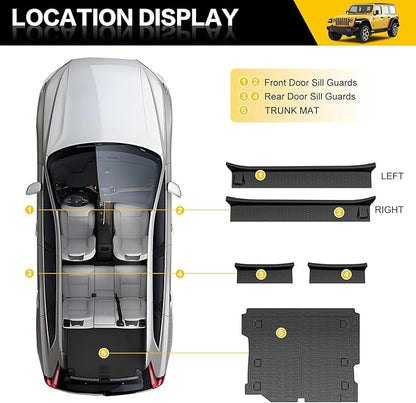 Trunk Mat with Door Sill Guards for 2018-2025 Jeep Wrangler JL Unlimited 4X4 Accessories All Weather Rear Trunk Liner Door Sill Protector for 18-25 JL JLU Gas Type 4 Door(Not for 4XE)