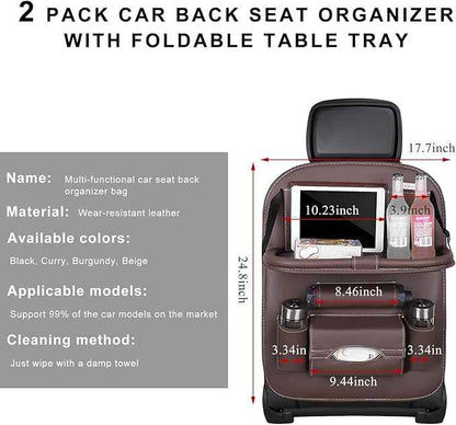 2PCS Car Backseat Organizer, Leather Multi-Pocket Seat Back Protector with Foldable Table Tray, Multifunctional Vehicle Storage Organizer Kick Mat for Kids Toddler Travel (Coffee)