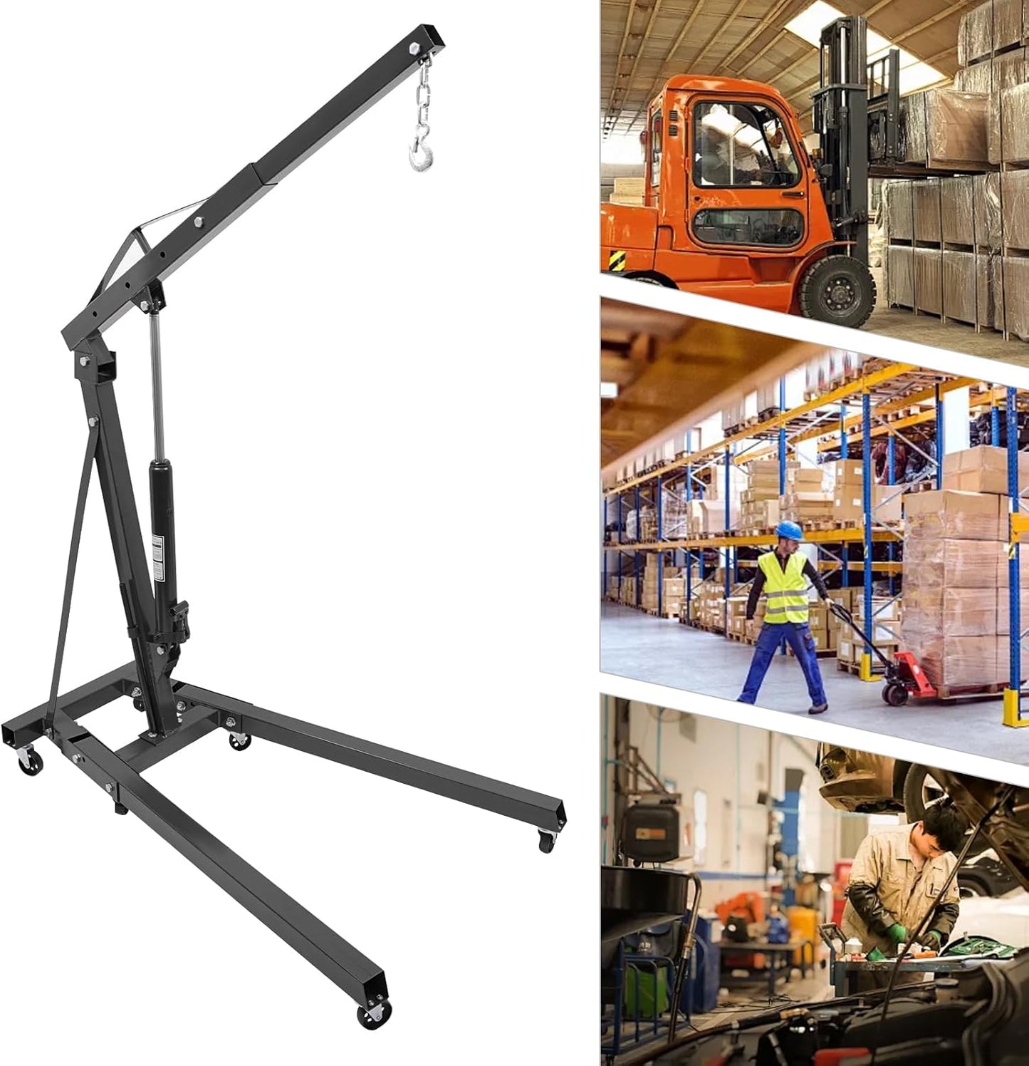 2 Ton Engine Hoist Foldable Engine Crane Cherry Picker Engine Hoist with 6 Wheels Adjustable Lifting Positions Heavy Duty Shop Crane for Warehouse, Workshop, Garage
