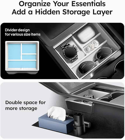 Wigoo Center Console Organizer for Tesla Model Y Juniper (Only Premium & Performance 2025 2026) and All Model 3 Highland Accessories [Double-Layer Storage, Smooth Sliding] 4PCS White