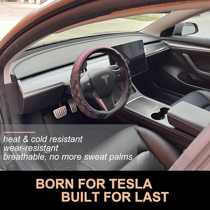 PINCTROT Great Grip Steering Wheel Cover for Tesla Model Y/3 2016-2025 2026 Highland/Juniper, D Shaped 14 Inch Small Sized, Flat Bottom with 3D Honeycomb Anti-Slip Design (Great Grip Wine Red)