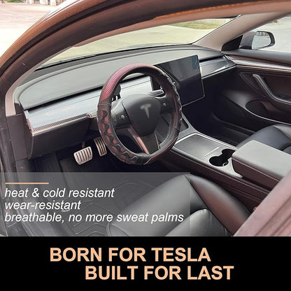 PINCTROT Great Grip Steering Wheel Cover for Tesla Model Y/3 2016-2025 2026 Highland/Juniper, D Shaped 14 Inch Small Sized, Flat Bottom with 3D Honeycomb Anti-Slip Design (Great Grip Wine Red)