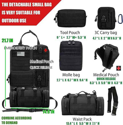 7 PACK Tactical Seat back organizer Truck organizer With 6 Detachable Pouches Universal For Car Truck Ford Jeep Military-Grade Heavier Panels With Multi-functional Packs (6 pack Black)