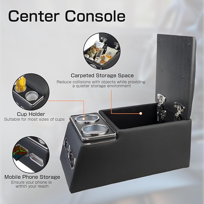 Center Console Organizer with Cup Holder& Phone Holder for Car & Van & Truck Floor Cab Back Bench Seat Armrest Middle Storage Box - Black