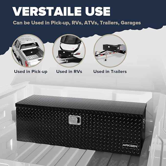 ARKSEN 49 x 15 x 15 Inch Diamond Plate Truck Bed Tool Box, Heavy Duty Waterproof Aluminum Toolboxes Storage Chest with Side Handle & Lock for Pickup Truck Bed, RV & Trailer – Black