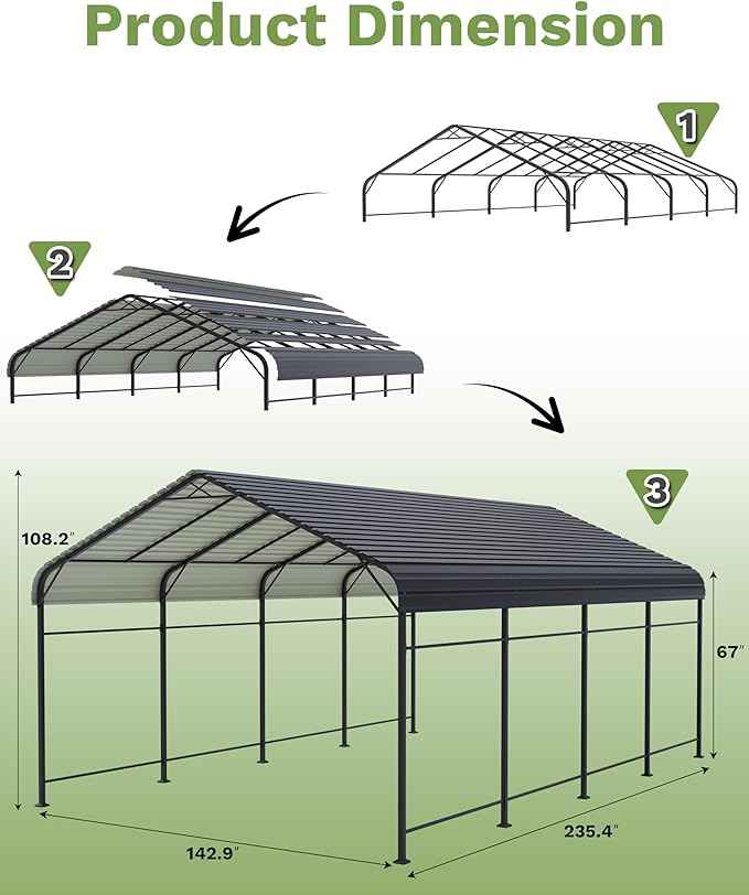 Patiowell 12'x20' Metal Carport, Heavy Duty Carport Canopy with Reinforced Frame and Galvanized Steel Roof, All-Weather Outdoor Car Shelter for Car, Truck, Boat and Tractor, Black