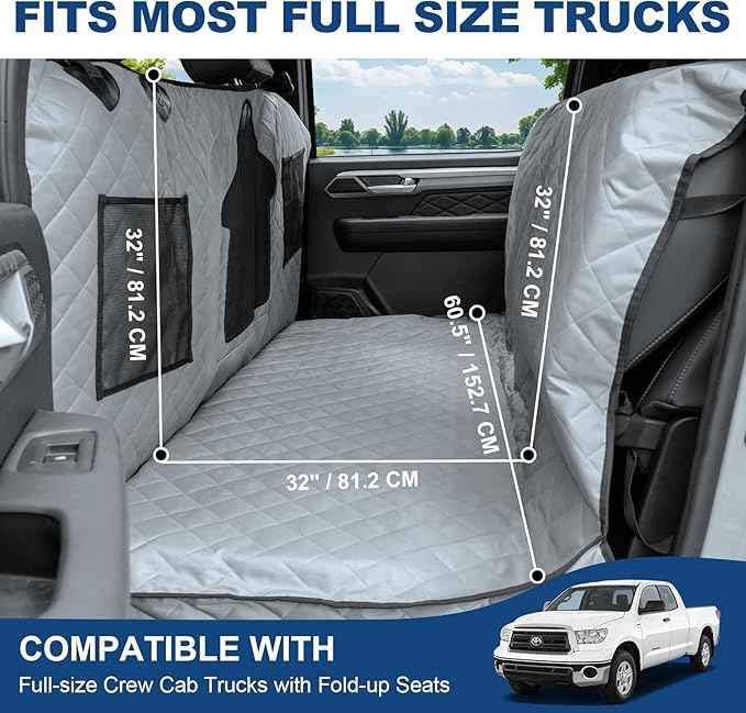 Dog Car Seat Cover for Back Seat - Waterproof Pet Hammock with Embedded Insert Door Protectors (XLarge for Crew Cab Truck with Fold‑Up Seat)
