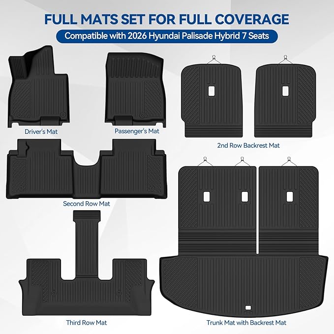 Custom Fit Floor Mats for 2026 Hyundai Palisade Hybrid 7 Seats/Captain Seat, All Weather TPE Floor Liners with Trunk Mat & Backrest Protectors, Odorless Full Set Interior Accessories