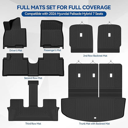Custom Fit Floor Mats for 2026 Hyundai Palisade Hybrid 7 Seats/Captain Seat, All Weather TPE Floor Liners with Trunk Mat & Backrest Protectors, Odorless Full Set Interior Accessories