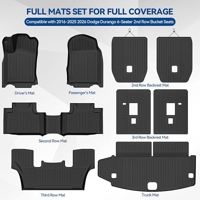 Custom Fit Floor Mats for 2016-2025 2026 Dodge Durango 6-Seater 2nd Row Bucket Seats, All Weather TPE Floor Liners with Trunk Mat & Backrest Protectors, Odorless Full Set Interior Accessories