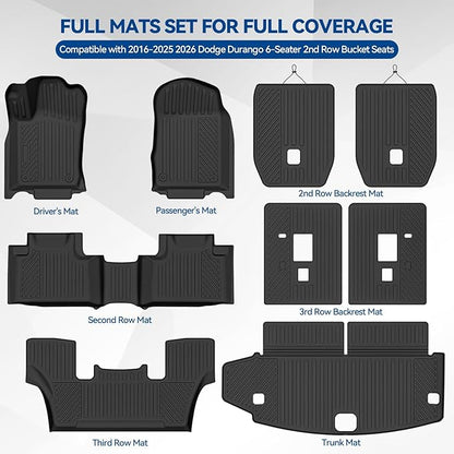 Custom Fit Floor Mats for 2016-2025 2026 Dodge Durango 6-Seater 2nd Row Bucket Seats, All Weather TPE Floor Liners with Trunk Mat & Backrest Protectors, Odorless Full Set Interior Accessories