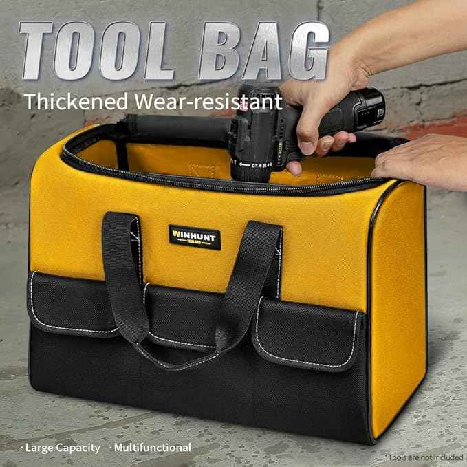 Large Tool Bag, 17 inch Wide Mouth Tool Organizer Bag for Home Repairs,Garage StorageDouble Zipper, Yellow and Black, 16.9 x 11.8 x 9.8 inch