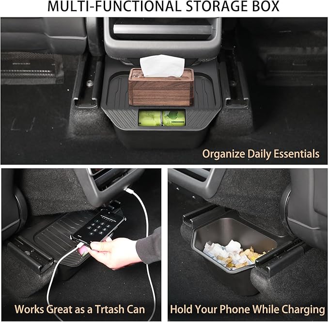 Rear Center Console Trash Can Garbage Bin For Tesla Model Y Juniper 2025 2026, Anti-Slip & Durable Under Seat Storage Box Organizer with Lid Cover for Model Y Juniper Interior Accessories (1 Pack)