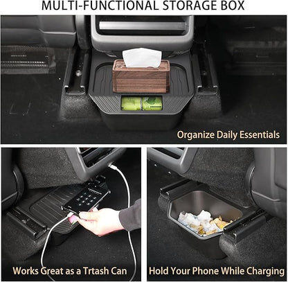 Rear Center Console Trash Can Garbage Bin For Tesla Model Y Juniper 2025 2026, Anti-Slip & Durable Under Seat Storage Box Organizer with Lid Cover for Model Y Juniper Interior Accessories (1 Pack)