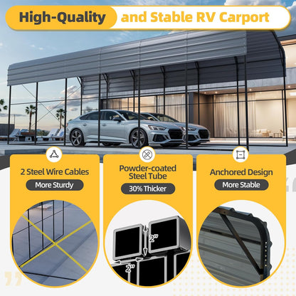 EROMMY 14x30 FT RV Carport, Heavy Duty Car-Port with Reinforced Metal Frame, Weather-Resistant Galvanized Steel Roof Shelters, Outdoor Car-Shed for RV, 2 Vehicles, Truck, Boat and SUV, Gray