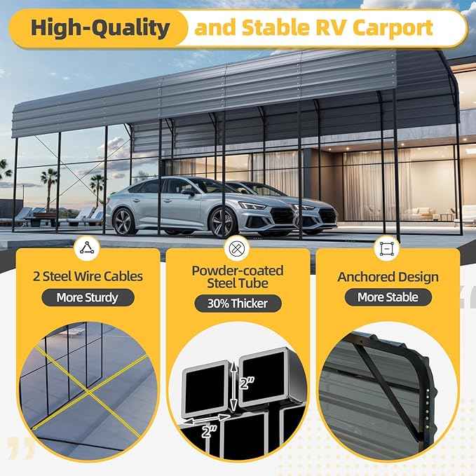 EROMMY 14'x30' RV Carport, Heavy Duty Car-Port with Reinforced Metal Frame, Weather-Resistant Galvanized Steel Roof Shelters, Outdoor Car-Shed for RV, 2 Vehicles, Truck, Boat and SUV, Gray
