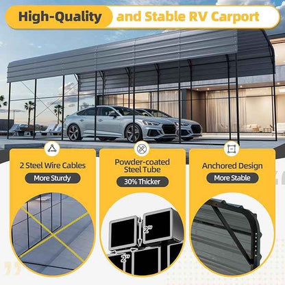 EROMMY 14'x30' RV Carport, Heavy Duty Car-Port with Reinforced Metal Frame, Weather-Resistant Galvanized Steel Roof Shelters, Outdoor Car-Shed for RV, 2 Vehicles, Truck, Boat and SUV, Gray