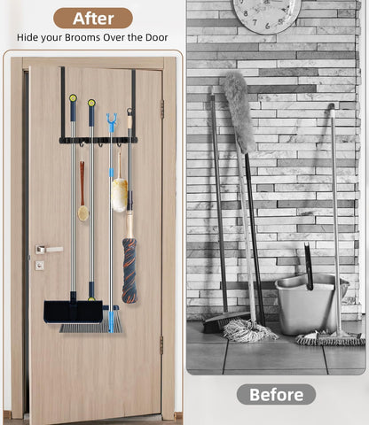 Broom Holder Over The Door 2Pack - 304 Stainless Steel Mop and Broom Hanger Wall Mounted or Hanging Over The Door with Hooks - Tool Organizer for Garage Closet Laundry Kitchen Decor