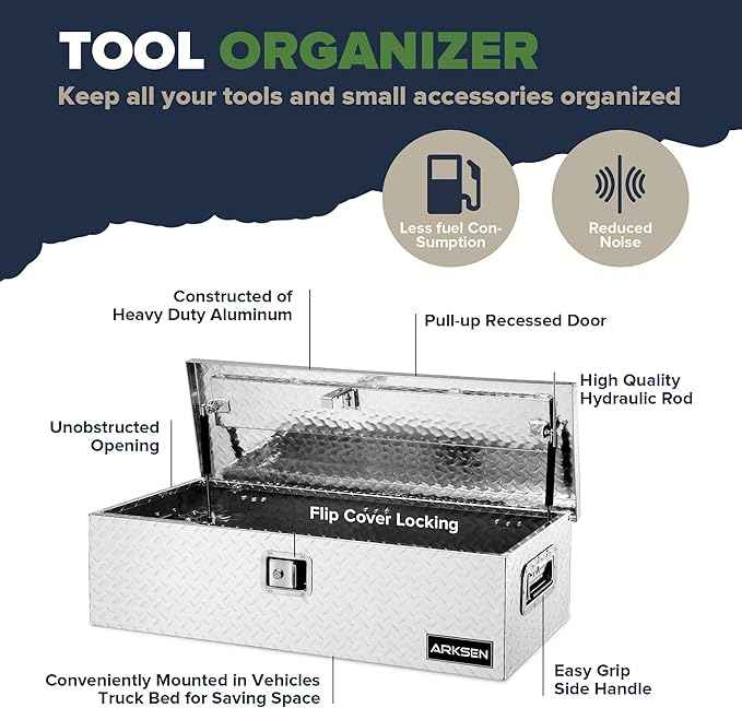 ARKSEN 39 x 13 x 10 Inch Diamond Plate Truck Bed Tool Box, Heavy Duty Waterproof Aluminum Toolboxes Storage Chest with Side Handle & Lock for Pickup Truck Bed, RV & Trailer – Silver