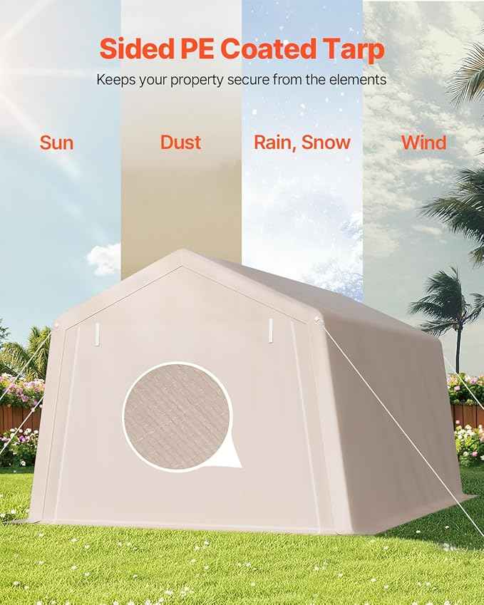 VEVOR Outdoor Storage Shed, 10 x 15 ft Portable Storage Tent with Roll-up Door & Vents, Waterproof Canopy Shed Shelter, Heavy Duty Frame, Patio Garage Carport for Motorcycle, Lawn Mower, Bike, Beige