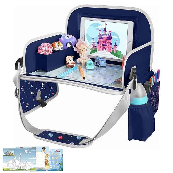 MENZOKE Car Seat Tray for Kids with Educational Drawing Board, Tablet Holder & Cooler Cup Holder, Essential for Car Travel & Airplane Trips, Space Pattern Design, Dark Blue