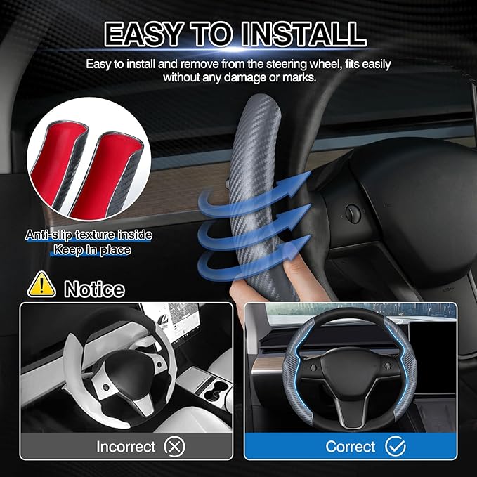 Steering Wheel Cover for Telsa Model 3/Model Y Accessories Carbon Fiber Steering Wheel Cover Protector Anti-Slip, Comfortable Grip, Breathable, Model 3/Y Accessories, Grey