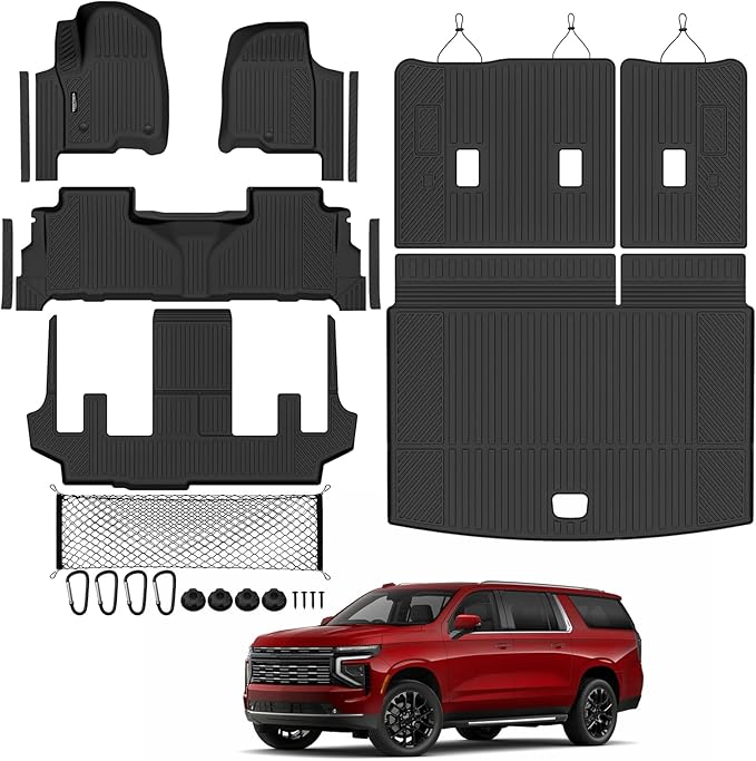 Tongama-Floor Mats for 2025 2026 Chevy Suburban/GMC Yukon XL 7 Seats with Bucket Seat, All Weather TPE Trunk Mat & 3rd Row Backrest Mats & Cargo Net & Door Sill Guards for Suburban Accessories