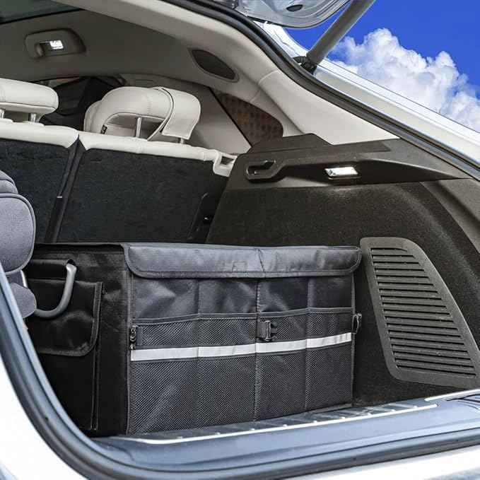 Trunk Organizer With Lid,Medium,Black 55L,For SUV Car Truck,Collapsible Waterproof Oxford Fabric,Portable Multipurpose sorting,3-Compartments with Aluminium Alloy Handle