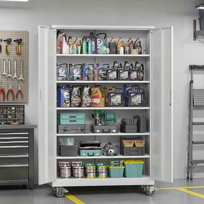 VINGLI Large Metal Storage Cabinet with 2 Doors and 5 Adjustable Shelves, Upgraded Height & Wide & Deep, 43''W x 20''D x 72''H, Oversized Garage Storage Cabinet with Wheels and Locks (White)