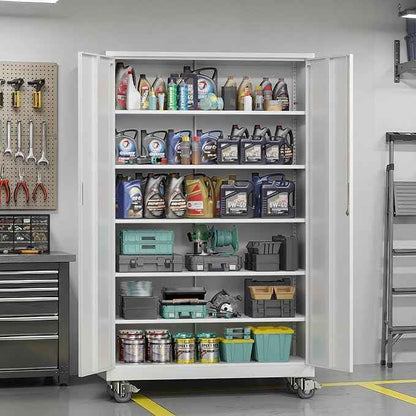 VINGLI Large Metal Storage Cabinet with 2 Doors and 5 Adjustable Shelves, Upgraded Height & Wide & Deep, 43''W x 20''D x 72''H, Oversized Garage Storage Cabinet with Wheels and Locks (White)