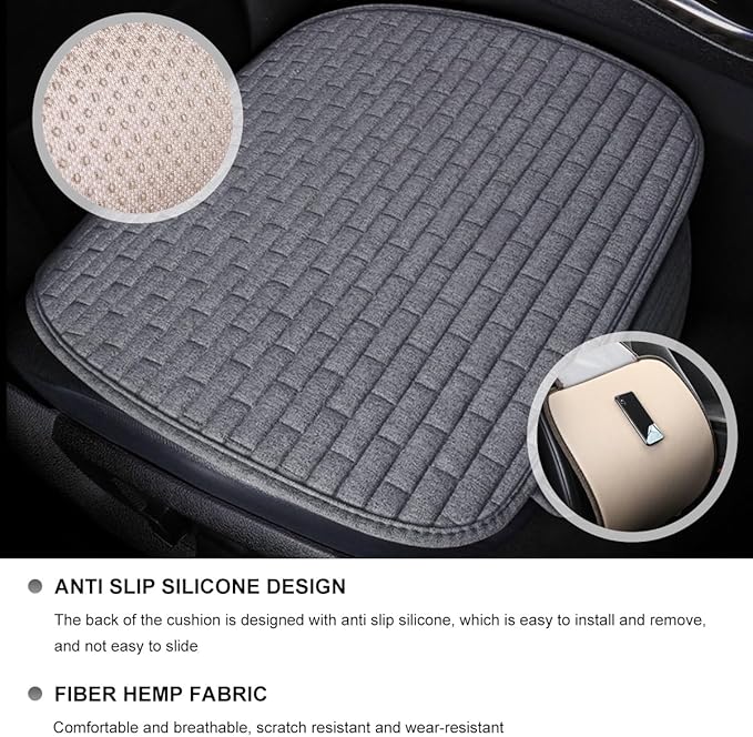 Front Car Seat Cover, Anti-Slip Breathable Linen Bottom Seat Protector Covers with Storage Pockets, Universal Front Driver Seat Pad Mat for Cars SUVs Truck Van (Gray)