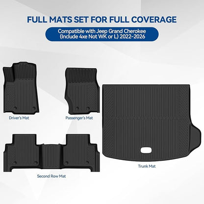 Custom Fit Floor Mats for Jeep Grand Cherokee (Include 4xe Not WK or L) 2022-2026, All Weather TPE Floor Liners with Trunk Mat, Odorless Full Set Interior Accessories