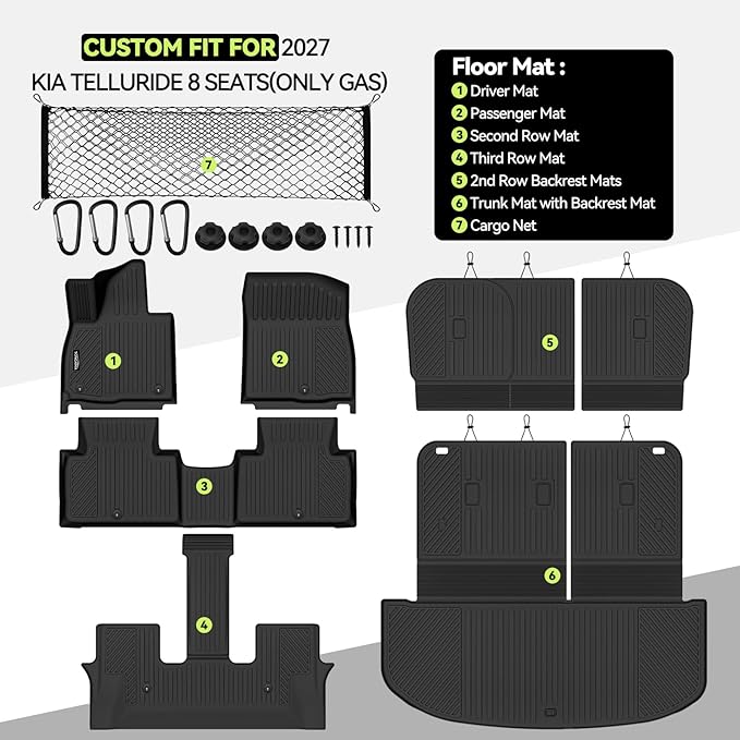 Tongama-Floor Mats for 2027 Kia Telluride 8 Seat with Bench Seats(Only Gas), All Weather TPE Trunk Mat with Backrest Mat & 2nd Row Backrest Mats & Cargo Net for Kia Telluride Floor Liner Accessories