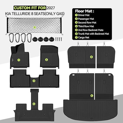 Tongama-Floor Mats for 2027 Kia Telluride 8 Seat with Bench Seats(Only Gas), All Weather TPE Trunk Mat with Backrest Mat & 2nd Row Backrest Mats & Cargo Net for Kia Telluride Floor Liner Accessories