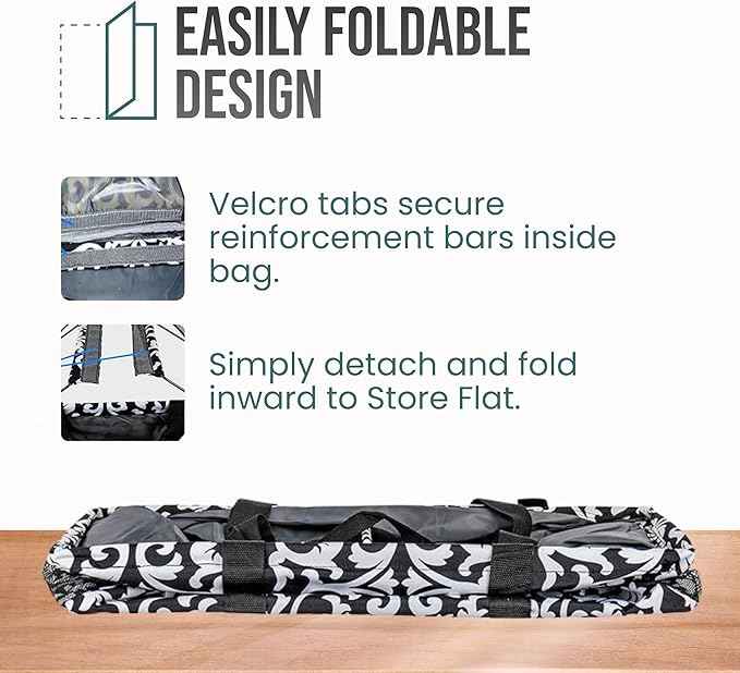 Extra Large Utility Tote Bag - Oversized Collapsible Reusable Wire Frame Rectangular Canvas Basket With Two Exterior Pockets For Beach, Pool, Laundry, Car Trunk, Storage - Damask Black
