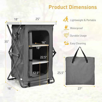 Goplus Folding Camping Storage Cabinet, Pop Up Outdoor Camping Kitchen Station with Large 3-Tier Storage Organizer, Carry Bag, Easy Set Up Portable Compact Camping Table for BBQ Picnic Backyard (35'')
