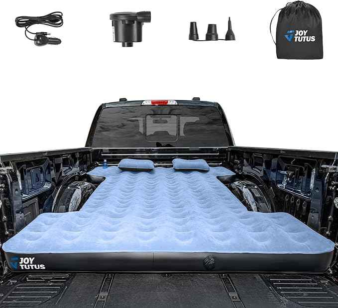 JOYTUTUS 6.4-6.7Ft Truck Bed Air Mattress with Built-in Cup Holder,Thickened Inflatable Full Size Regular Truck Beds, with Air Pump&2 Pillows