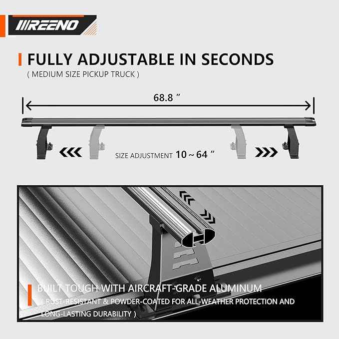 Adjustable 68.8" Truck Bed Rack Cross Bars (2PCS), Heavy-Duty Aluminum T-Slot Crossbars Compatible with Mid-Size Trucks & Retractable Tonneau Covers with Rail System, Kayak & Bike Rack