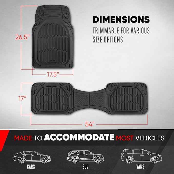 Motor Trend FlexTough LITE Rubber Car Mats Full Set - All Weather Floor Mats for Trucks, Cars & SUVs - Automotive Waterproof Black Car Floor Mats for Cars Interior Accessories Universal Trim-to-Fit