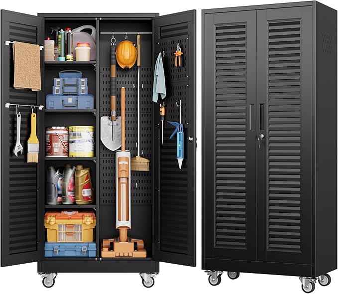 Aobabo Lockable Metal Storage Cabinet with 4 Adjuatable Shelves,Garage Storage Cabinet with Wheels and 5 Remove Pegboard,Required Assembly,Black,70.87''H*31.5''W*15.75''D