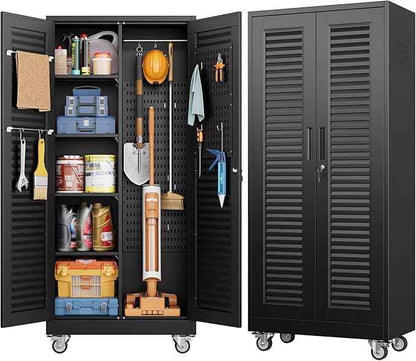 Aobabo Lockable Metal Storage Cabinet with 4 Adjuatable Shelves,Garage Storage Cabinet with Wheels and 5 Remove Pegboard,Required Assembly,Black,70.87''H*31.5''W*15.75''D