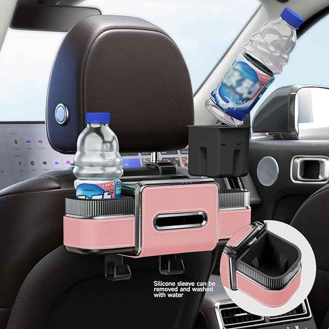 Multifunctional Car Seat Back Organizer Box with Drink Cup Holder, Makeup Mirror, Tissue Box& Hooks for Car Seat Back, New Upgrade Car Headrest Backseat Organizer Suitability for Wife, Girlfriend
