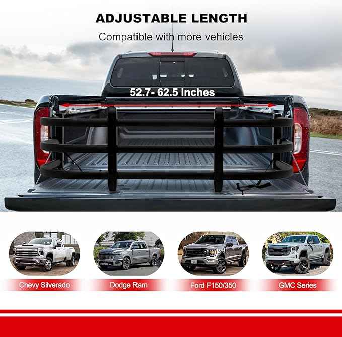 Truck Bed Extender, Bilateral Retractable Tailgate Extender, Aluminum Adjustable Size 52"-62.6"L x 23"-26.7"W x 18"H, Fits Chevy Silverado & GMC Sierra, Ford F-Series, Dodge Ram, Tundra, Nissan Titan