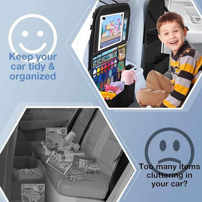 Car Backseat Organizer with Table Tray(2-Pack) 9 Storage Pockets Backseat Car Organizer and storage with Tablet Holder, Kick Mats Back Seat Cover for Kids family Road Trip Essentials Travel