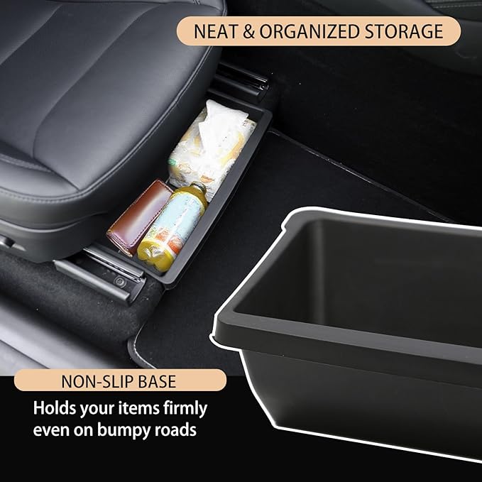 For Tesla Model Y Juniper 2025 2026 Under Seat Storage Box Organizer - Front Row，Anti-Slip Hidden Underseat Organizer Tray Storage Box for Model Y Juniper Interior Accessories (No Lid Cover, 1 Pack）