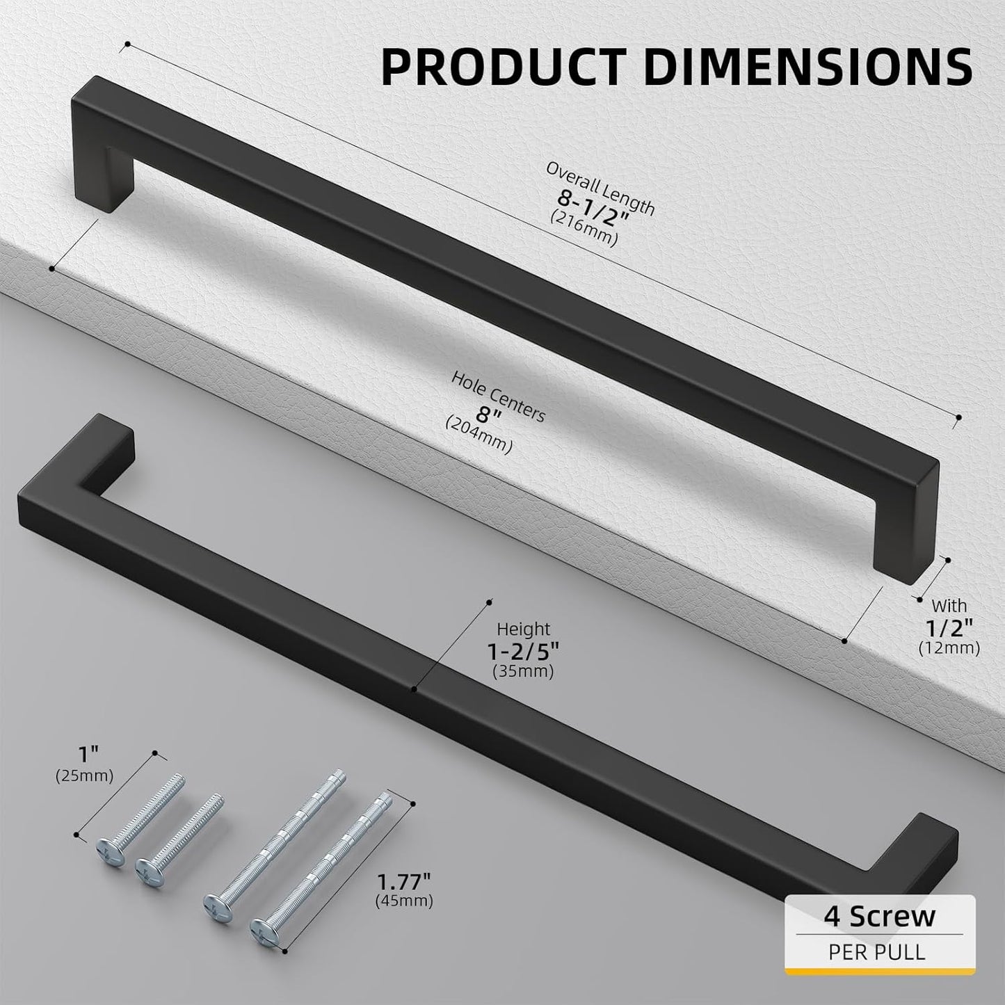 goldenwarm 50Pack 8INCH Matte Black Cabinet Pulls Kitchen Hardware, 204mm Square Bar Pulls for Cabinets Hardware, Black Drawer Pulls 8-1/2in Overall Length